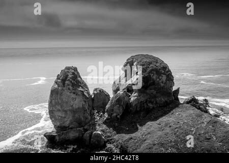 Foto in scala di grigi di formazioni rocciose sulla costa Foto Stock