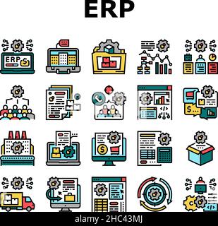 Le icone di pianificazione delle risorse aziendali ERP impostano il vettore Illustrazione Vettoriale