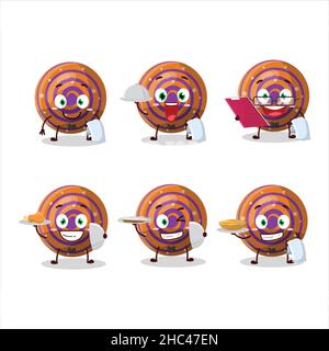 felice arancione spirale gommoso cameriere caramella personaggio cartoon tenendo un piatto. Illustrazione vettoriale Illustrazione Vettoriale