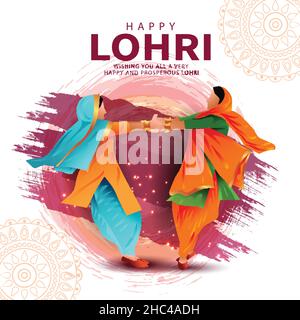 Happy Lohri festival di Punjab Indian raccolto sfondo. Illustrazione vettoriale di due ragazze che giocano lohri danza. Illustrazione Vettoriale