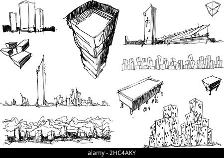 molti disegni architettonici disegnati a mano di una moderna architettura astratta e di idee urbane Foto Stock