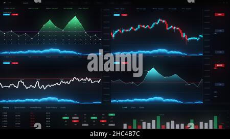 Interfaccia per computer a più falsi schermo Big Data Analytic Science Technology. Interfaccia HUD, cripto, business finance investment symbol artificiale int Foto Stock