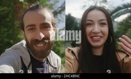 Videochiamata telefonica uomo e donna. Concetto chat amici. Foto Stock