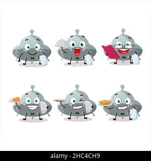 Felice UFO grigio gummy caramella cameriere personaggio cartoon tenendo un piatto. Illustrazione vettoriale Illustrazione Vettoriale