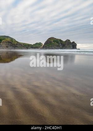 Isola di Taitomo (Camel Rock), Piha, Auckland in giornata nuvolosa Foto Stock