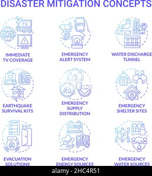 Icone blu del concetto di gradiente per la mitigazione dei disastri impostate Illustrazione Vettoriale