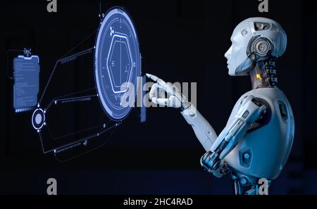 Robot che lavora con interfaccia utente futuristica. 3D illustrazione Foto Stock