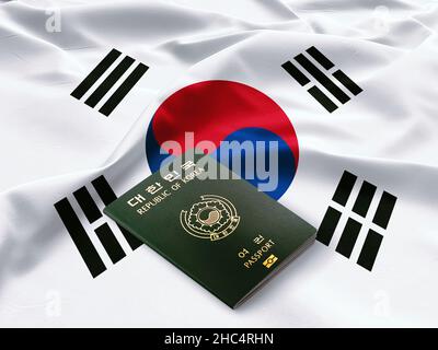 Passaporto sudcoreano, passaporto della Repubblica di Corea sulla parte superiore di una bandiera coreana satinata Foto Stock