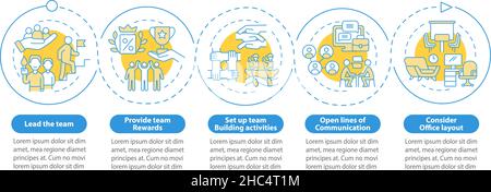 Promuovere il lavoro di squadra nel modello infografico del cerchio blu sul luogo di lavoro Illustrazione Vettoriale