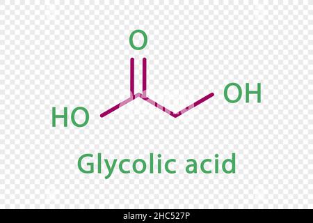 Formula chimica dell'acido glicolico. Formula chimica strutturale dell'acido glicolico isolata su sfondo trasparente. Illustrazione Vettoriale