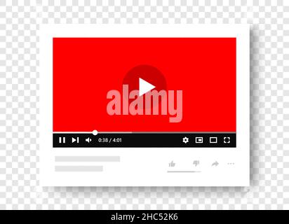 Lettore video con elementi di design popolari. Interfaccia video con icona del pulsante mi piace, non mi piace, Condividi. Illustrazione Vettoriale