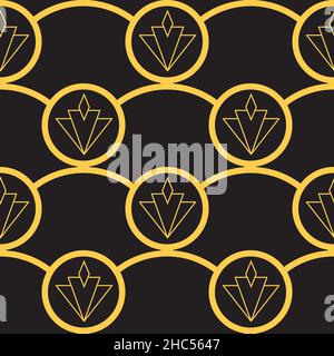 Art Deco forme di diamante stilizzato e cerchi vettoriali di sfondo senza cuciture. Oro nero astratto 1920s sfondo geometrico con scale lineari Illustrazione Vettoriale