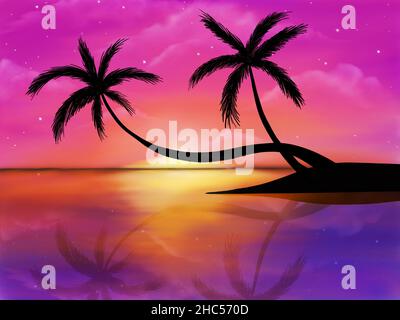 Palme scure silhouette su sfondo colorato oceano tropicale tramonto disegno a mano illustrazione Foto Stock