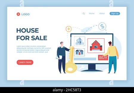 Agenzia immobiliare online per la vendita e l'affitto. Vettore affitto servizio immobiliare, casa o casa online appartamento concetto illustrazione Illustrazione Vettoriale