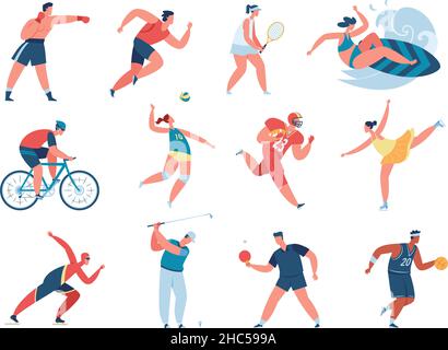 Personaggi che svolgono attività sportive, allenamenti sportivi professionisti. Boxer e runner, persone che giocano a tennis, calcio, pallavolo vettore set. Uomo e donna che hanno un hobby o uno stile di vita attivo Illustrazione Vettoriale