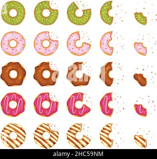 Morso e mezzo mangiato ciambelle, ciambelle pezzi con briciole. Cartoon deliziosa ciambella con vari condimenti, dolce dolce dolce dessert vettore set. Snack da forno yummy con panna lucida a digiuno Illustrazione Vettoriale