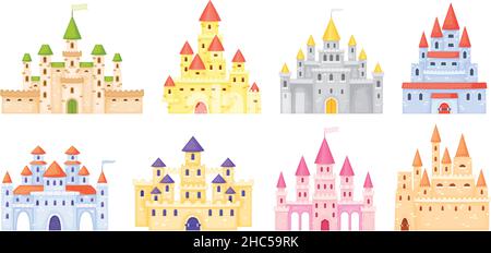 Cartoon castelli medievali, fiabesca principessa castello torri. Fantasy kingdom magic Palace, re fortezza, gothic villa esterno vettore set. Sogno misterioso edificio reale con cancello Illustrazione Vettoriale