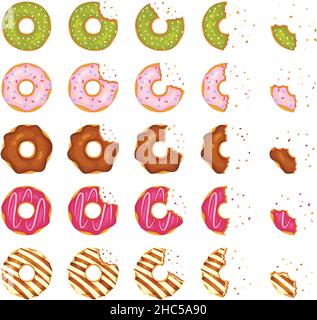 Morso e mezzo mangiato ciambelle, ciambelle pezzi con briciole. Cartoon deliziosa ciambella con vari condimenti, dolce dolce dolce dessert vettore set. Snack da forno yummy con panna lucida a digiuno Illustrazione Vettoriale