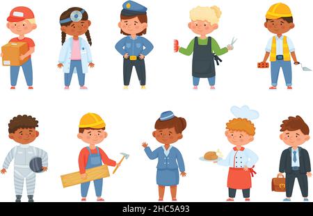 Bambini cartoni animati in uniforme professionale, bambini di varie professioni. Costruttore, parrucchiere, astronauta, set vettore costume occupazione bambino. Ragazzi e ragazze personaggi che rappresentano diversi lavori Illustrazione Vettoriale
