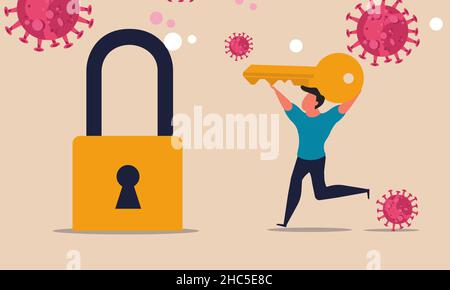 Sbloccare il blocco e aprire un business aziendale dopo il coronavirus. Economia dopo il virus e la crisi. Un uomo con una chiave gira per aprire un lucchetto chiuso Illustrazione Vettoriale