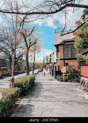 Foto verticale di una strada con persone a piedi sullo sfondo Foto Stock