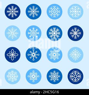 Set di fiocchi di neve bianchi su sfondi colorati Illustrazione Vettoriale