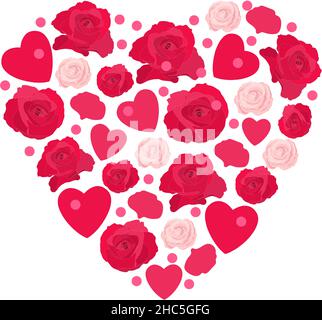 Cuore simbolo di rose rosse, bianche e piccoli cuori. Illustrazione Vettoriale