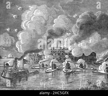 Un'illustrazione di fine 19th secolo del secondo attacco a Fort Sumter, un forte di mare costruito su un'isola artificiale che protegge Charleston, Carolina del Sud, USA. Il primo attacco è generalmente preso come l'inizio della guerra civile americana con i primi colpi sparati. La seconda battaglia di Fort Sumter, il 8 settembre 1863, fu un tentativo fallito dell'Unione di riconnetter il forte, arroccato da una rivalità tra i comandanti dell'esercito e della marina. Anche se il forte fu ridotto a macerie, rimase in mani confederate fino a quando fu evacuato come il generale Sherman marciò attraverso la Carolina del Sud nel febbraio 1865. Foto Stock