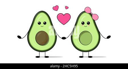 Avocado coppia in amore tenendo hands.San Valentino biglietto di auguri con avocado e cuori isolati su sfondo bianco Illustrazione Vettoriale