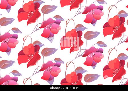 Arte floreale vettore senza cuciture motivo, fiori rossi. Illustrazione Vettoriale