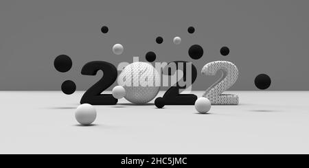 2022 nero opaco e 3D grana bianco opaco, bianco e nero Capodanno 2022. 3D rappresentazione illustrazione del testo con palline che cadono. Foto Stock