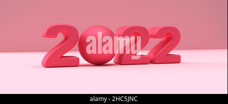 Rosa 2022 3D reso su un podio di fronte ad un muro rosa. Banner immagine di sfondo. 3D Illustrazione del rendering Foto Stock