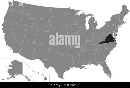 Nero evidenziato posizione mappa amministrativa dello Stato federale degli Stati Uniti della Virginia all'interno della mappa grigia degli Stati Uniti d'America Illustrazione Vettoriale