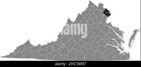 Mappa della zona evidenziata in nero della contea di Fairfax all'interno della mappa amministrativa grigia dello stato federale della Virginia, USA Illustrazione Vettoriale