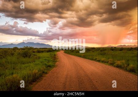 Tramonto vibrante in Sonoita Arizona, strada che porta in lontananza. Foto Stock