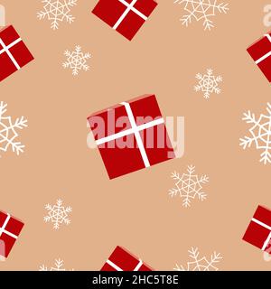 Un'illustrazione di un modello senza giunture di scatole regalo di Natale e fiocchi di neve isolati su uno sfondo beige Foto Stock