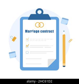 Contratto di matrimonio. Documento di accordo prenuptial. Concetto di divorzio di coppia. Certificato di matrimonio Prenup. Illustrazione vettoriale in stile cartoon piatto Illustrazione Vettoriale