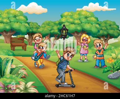 Cartoon gruppo di bambini che giocano nel parco Illustrazione Vettoriale