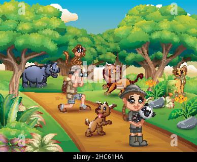 Ragazzo e ragazza Zookeeper con animali nella giungla Illustrazione Vettoriale
