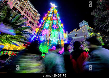 Kolkata, India. 24th Dic 2021. Un albero di Natale vicino all'area di Park Street visto decorato con luci luminose e colorate durante la vigilia di Natale. (Foto di Avishek Das/SOPA Images/Sipa USA) Credit: Sipa USA/Alamy Live News Foto Stock