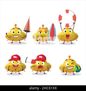 Happy Face UFO giallo gummy caramella fumetto personaggio giocare su una spiaggia. Illustrazione vettoriale Illustrazione Vettoriale