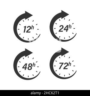 12, 24, 48 e 72 ore orologio icona in stile piatto. Illustrazione vettoriale del conto alla rovescia del timer su sfondo isolato. Servizio di consegna tempo segno business conc Illustrazione Vettoriale