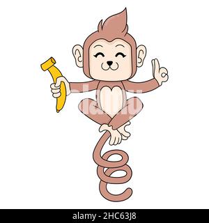 monkey sta meditating portando una banana con un volto felice, illustrazione vettoriale art. doodle icona immagine kawaii. Illustrazione Vettoriale