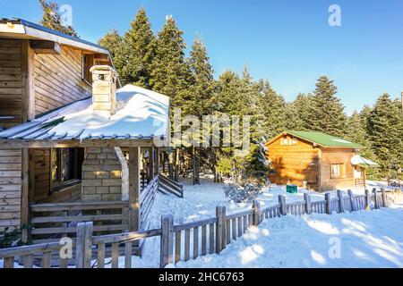 Bella casa di legno vista sulla foresta innevata in una giornata di sole d'inverno. Parco Nazionale di Uludag, Bursa, Turchia. Foto Stock