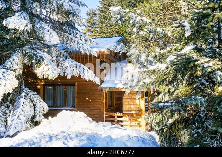 Bella casa di legno vista sulla foresta innevata in una giornata di sole d'inverno. Montagna di Uludag, Bursa, Turchia. Foto Stock
