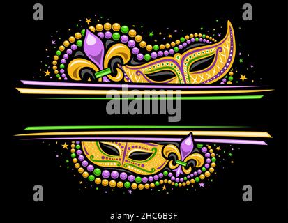 Bordo vettoriale Mardi Gras con spazio di copiatura, sagoma orizzontale con illustrazione di simboli gialli mardi gras, stelle colorate e strisce decorative fo Illustrazione Vettoriale