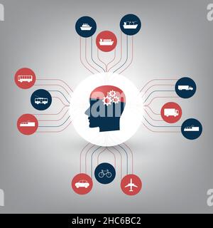 Riassunto di intelligenza artificiale, Smart controllo del traffico, i trasporti pubblici e le reti digitali concetto di design con testa umana Illustrazione Vettoriale