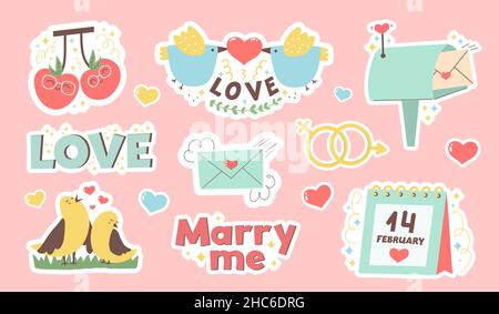 Set di adesivi San Valentino. Collezione di simboli d'amore ed elementi romantici. Estratto a mano 14 febbraio isolato bundle. Vettore cartoon piatto Illustrazione Vettoriale