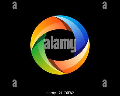 Colorato logo del cerchio astratto su sfondo nero. Forma circolare trasparente sovrapposta multicolore. Simbolo loop infinito. Design con logo in quattro pezzi Illustrazione Vettoriale
