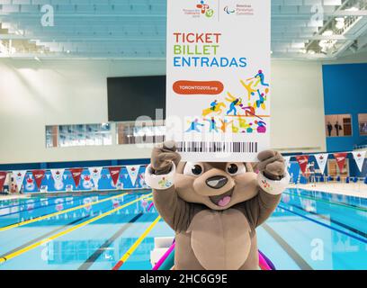 Il comitato organizzatore che utilizza Pachi la mascotte ufficiale del Toronto 2015 Parapan am Games ha annunciato che i biglietti sono già in vendita per l'evento. Foto Stock